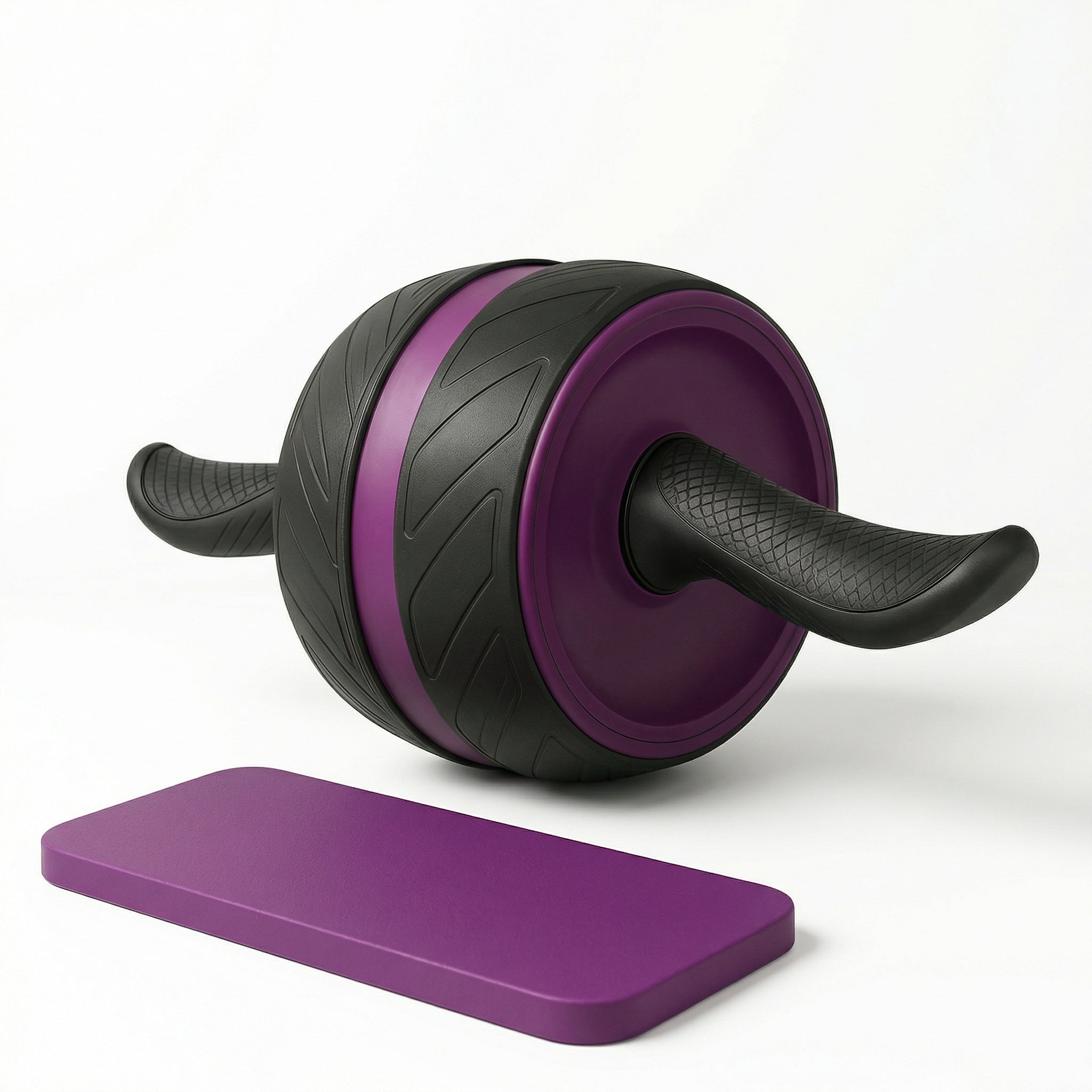Black and purple exercise roller with a matching mat on a white background