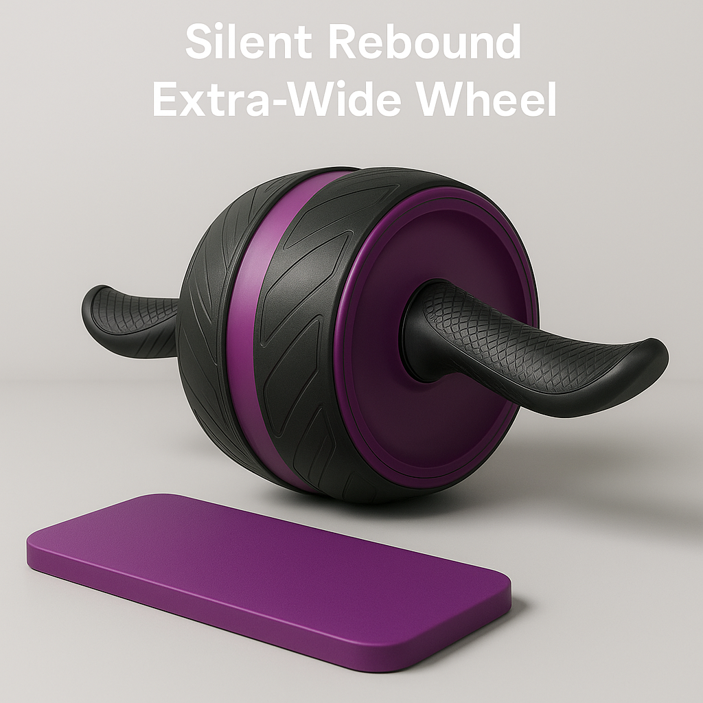 Black and purple Silent Rebound Extra-Wide Wheel on a light gray background