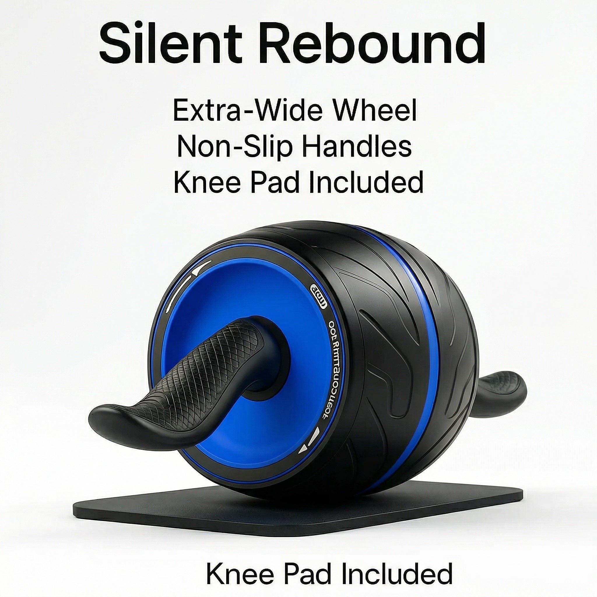 Black and blue ab roller with text highlighting features on a white background