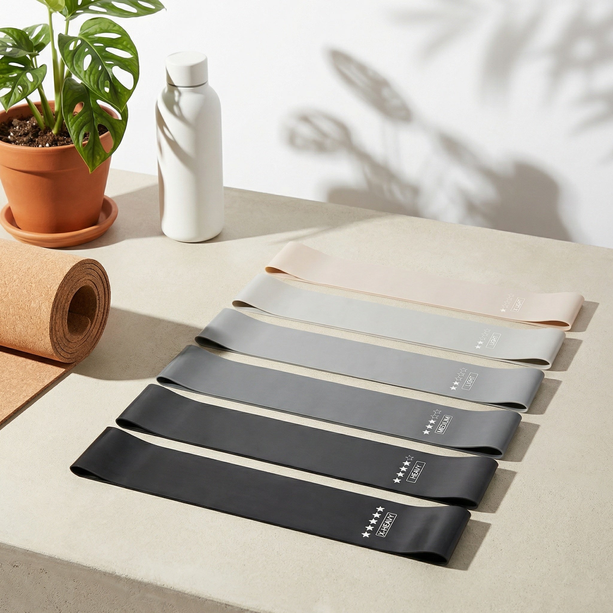 Set of resistance bands on a yoga mat with a plant and bottle in the background